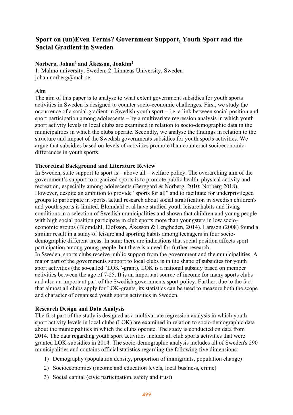 Government Support, Youth Sport and the Social Gradient in Sweden