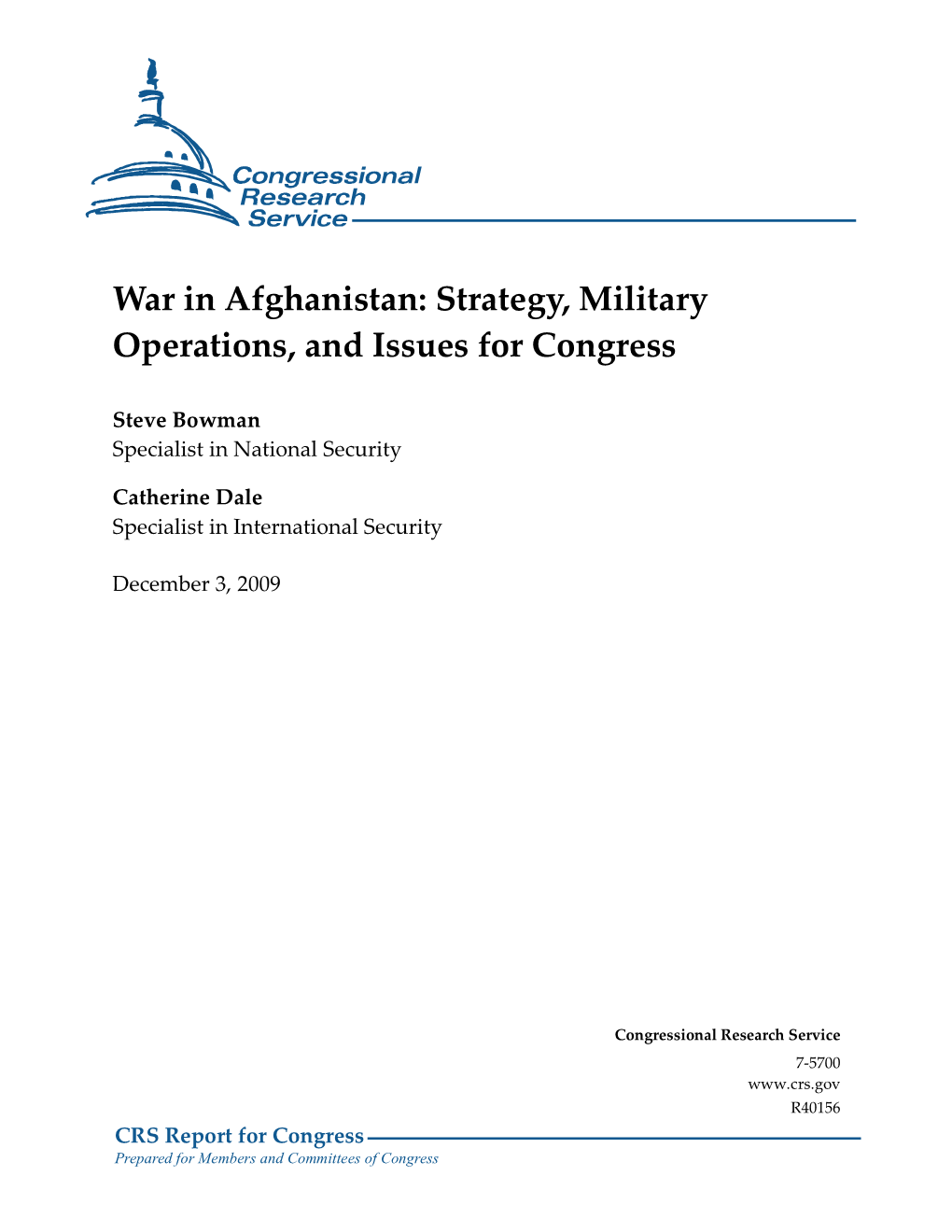 War in Afghanistan: Strategy, Military Operations, and Issues for Congress