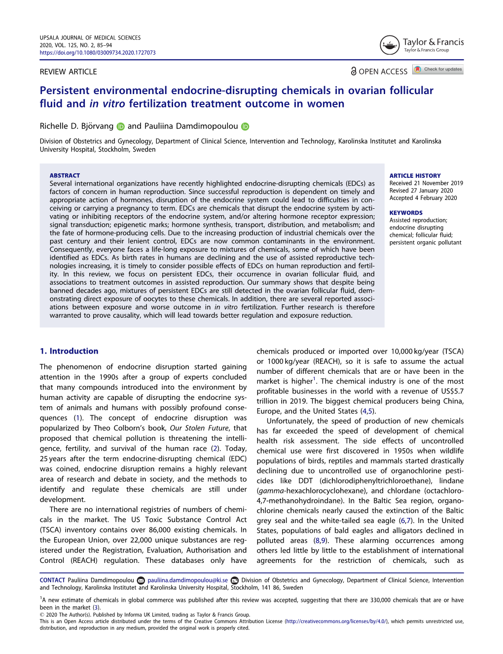 Persistent Environmental Endocrine-Disrupting Chemicals in Ovarian Follicular Fluid and in Vitro Fertilization Treatment Outcome in Women