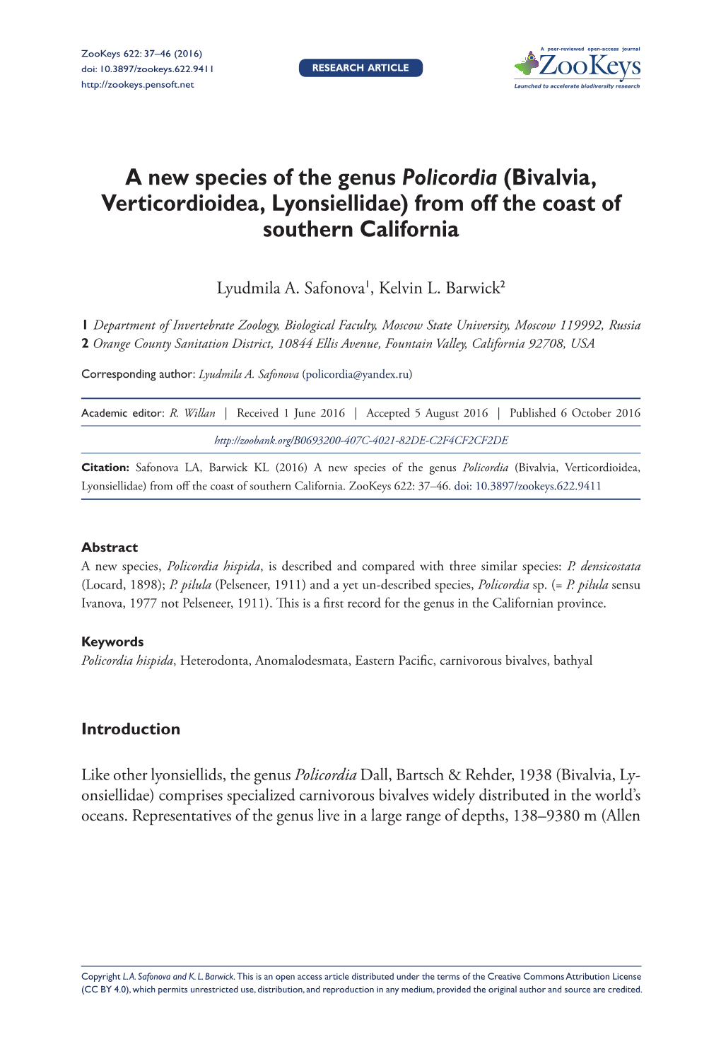 A New Species of the Genus Policordia (Bivalvia, Verticordioidea, Lyonsiellidae) from Off the Coast of Southern California