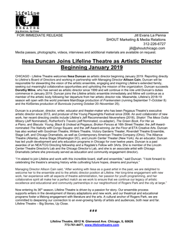 Ilesa Duncan Joins Lifeline Theatre As Artistic Director Beginning January 2019