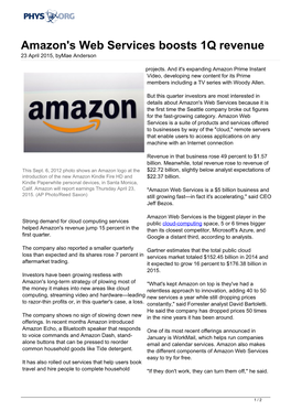 Amazon's Web Services Boosts 1Q Revenue 23 April 2015, Bymae Anderson