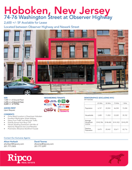 Hoboken, New Jersey 74-76 Washington Street at Observer Highway 2,600 +/- SF Available for Lease Located Between Observer Highway and Newark Street