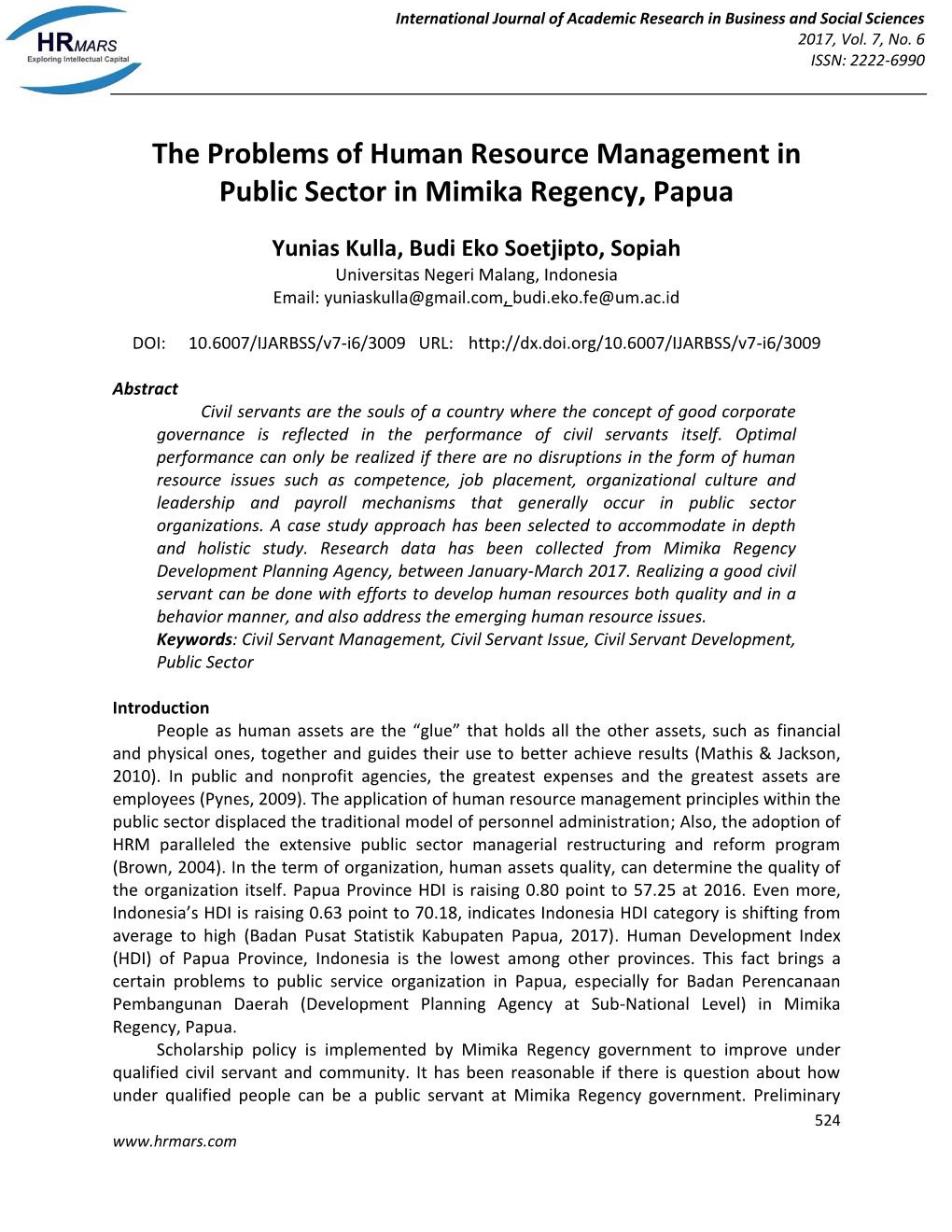 The Problems of Human Resource Management in Public Sector in Mimika Regency, Papua