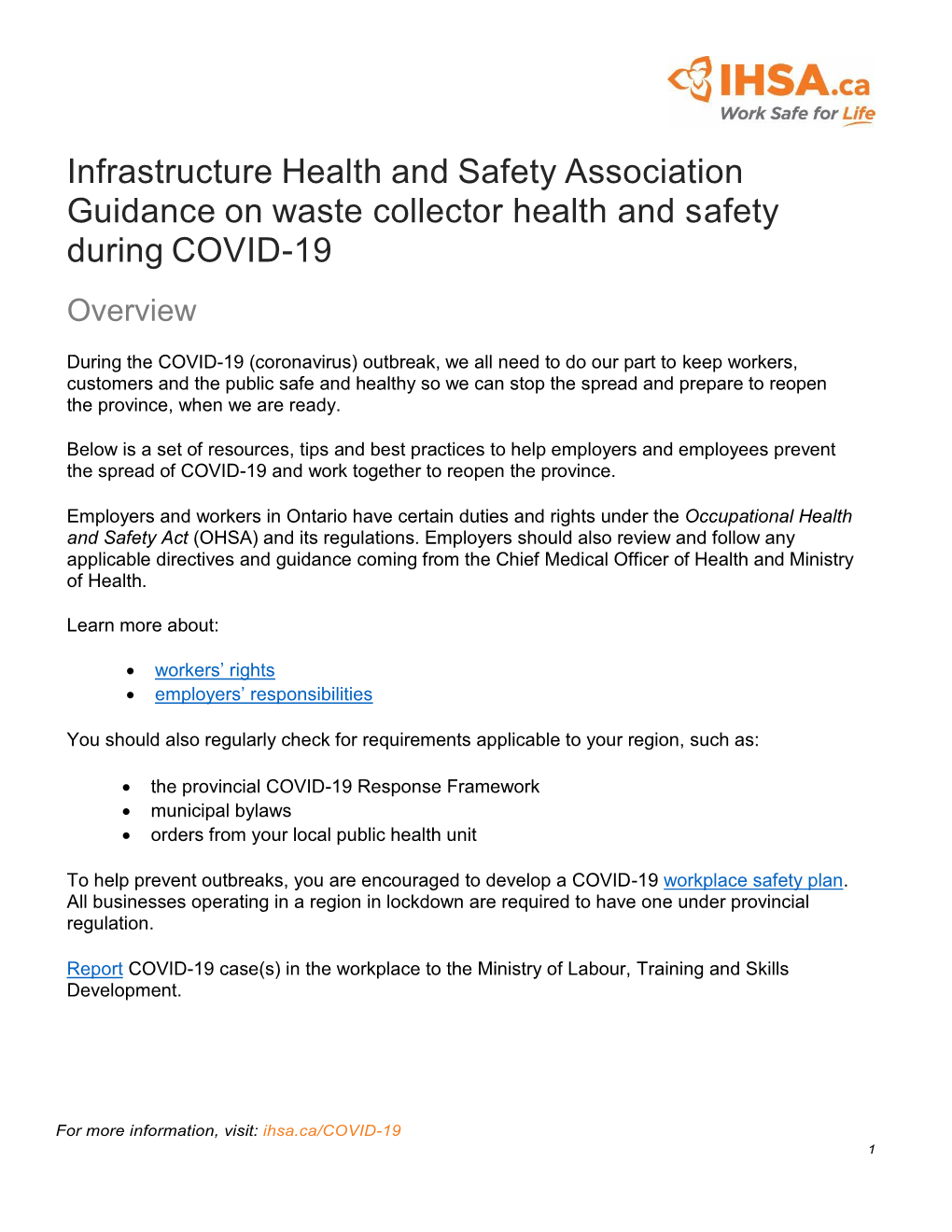 Guidance on Waste Collector Health and Safety During COVID-19