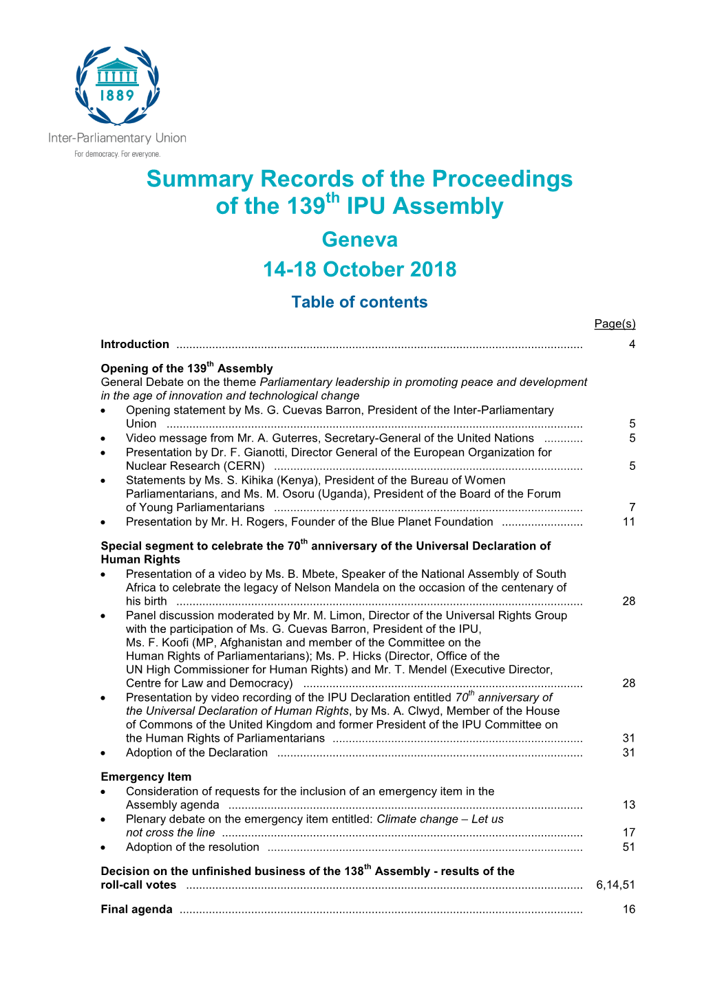 Summary Records of the 139Th Assembly