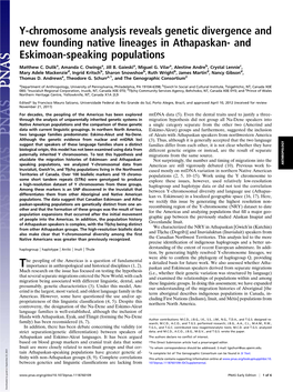 Y-Chromosome Analysis Reveals Genetic Divergence and New Founding Native Lineages in Athapaskan- and Eskimoan-Speaking Populations