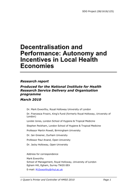 Decentralisation and Performance: Autonomy and Incentives in Local Health Economies