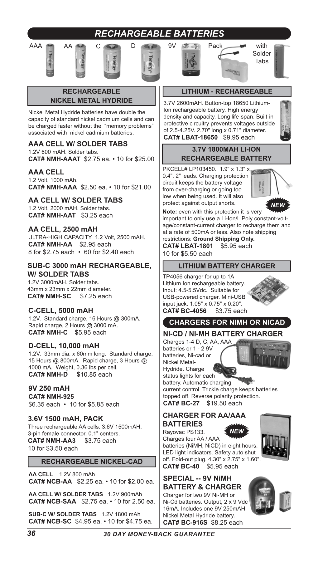 RECHARGEABLE BATTERIES AAA AA C D 9V Pack with Solder Tabs