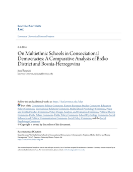 A Comparative Analysis of Brčko District and Bosnia-Herzegovina Jusuf Šarančić Lawrence University, Sarancij@Lawrence.Edu