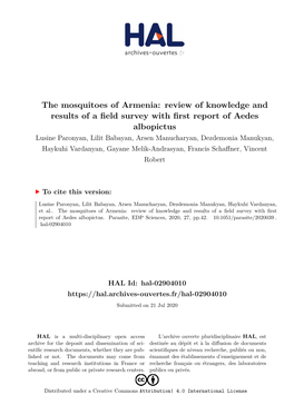 The Mosquitoes of Armenia: Review of Knowledge and Results of a Field