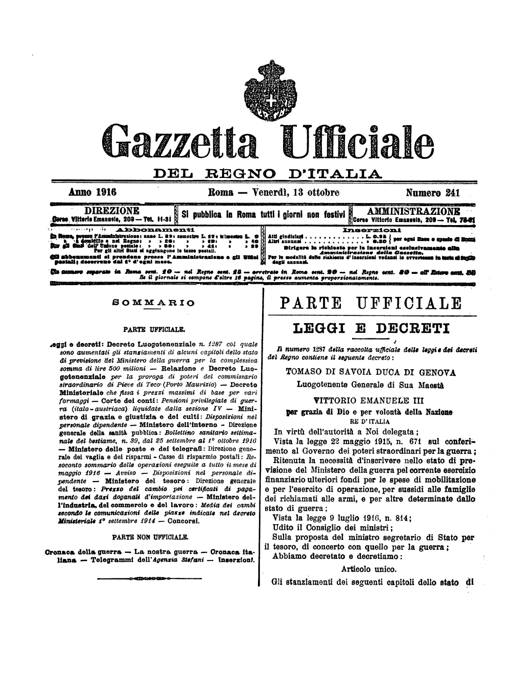 Gazzetta Ufficiale Del Regno D'italia N. 241 Del 13 Ottobre 1916 Parte