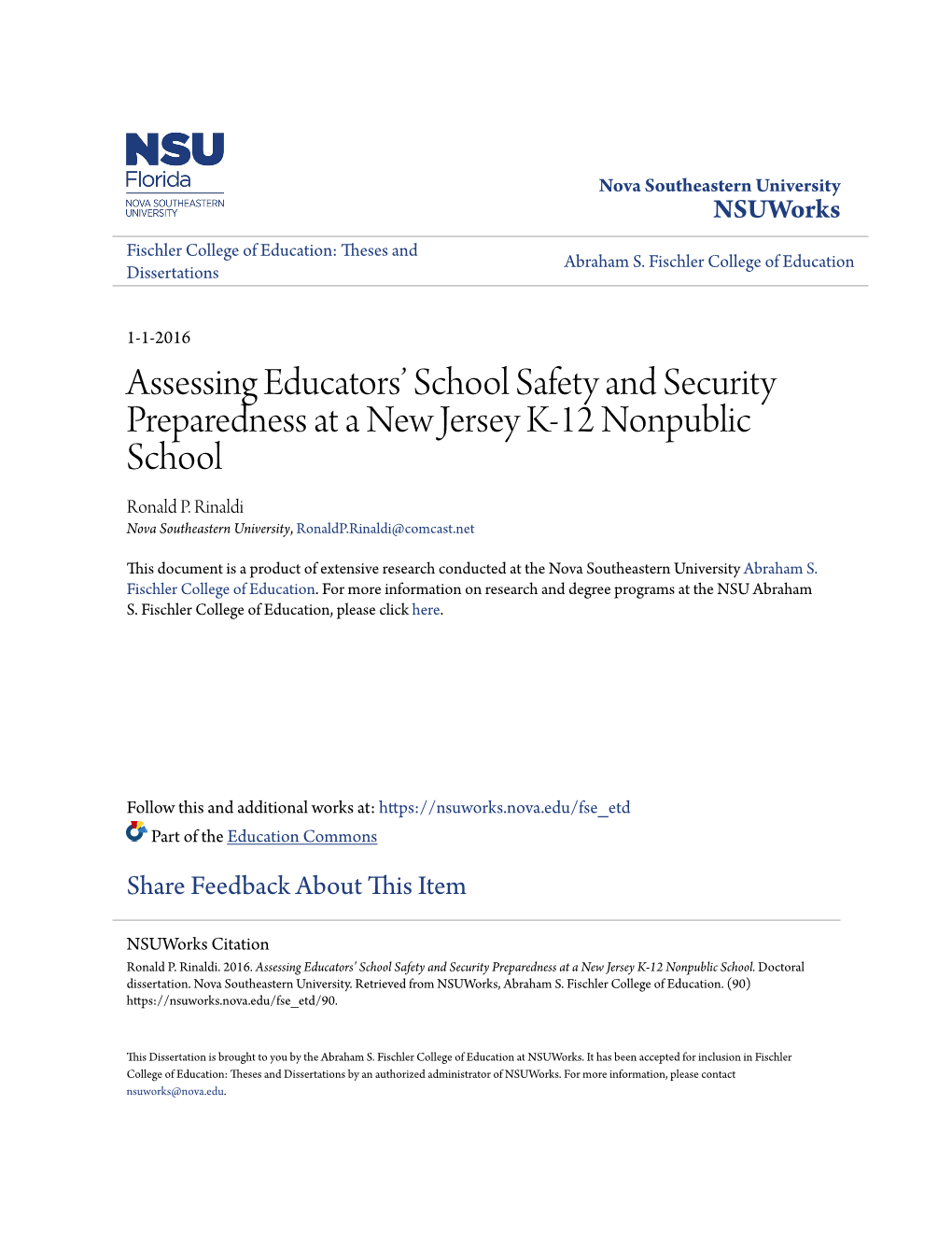 Assessing Educators' School Safety and Security Preparedness at A