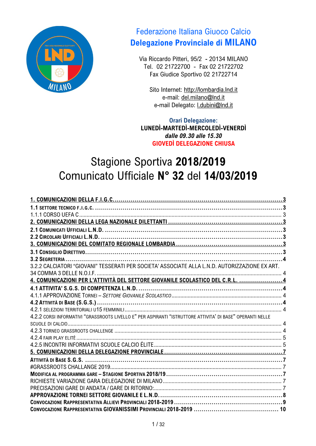 Comunicato Ufficiale N° 32 Del 14/03/2019