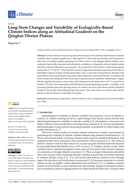 Long-Term Changes and Variability of Ecologically-Based Climate Indices Along an Altitudinal Gradient on the Qinghai-Tibetan Plateau