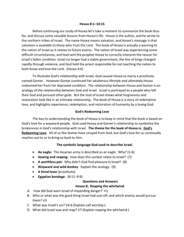 Hosea 8:1−10:15 Before Continuing Our Study of Hosea Let's Take a Moment to Summarize the Book Thus Far, and Discuss Some Va