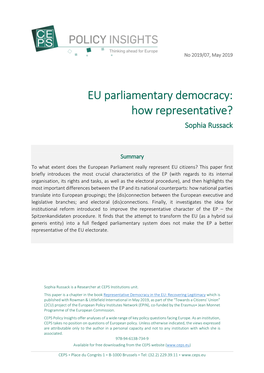 EU Parliamentary Democracy: How Representative? Sophia Russack