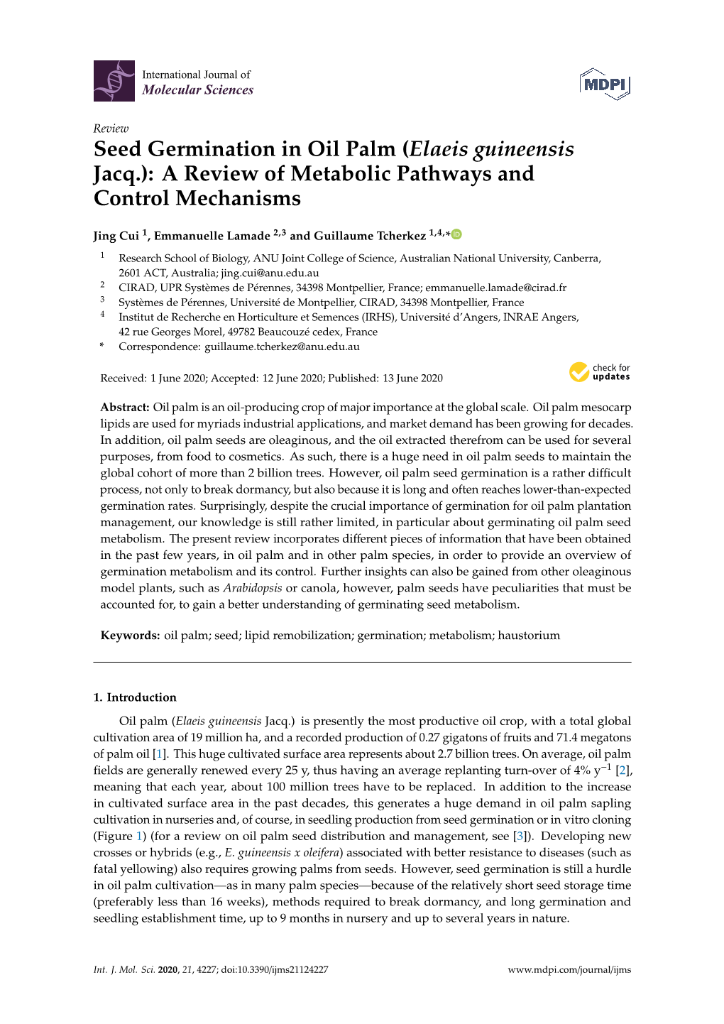 Seed Germination in Oil Palm (Elaeis Guineensis Jacq.): a Review of Metabolic Pathways and Control Mechanisms