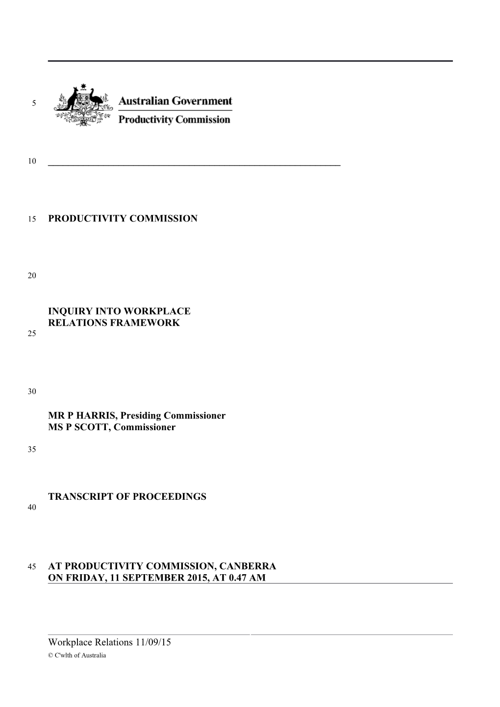 11 September 2015 - Canberra Public Hearing Transcript - Workplace Relations Framework