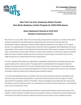 For Immediate Release New York Live Arts Announces Newly