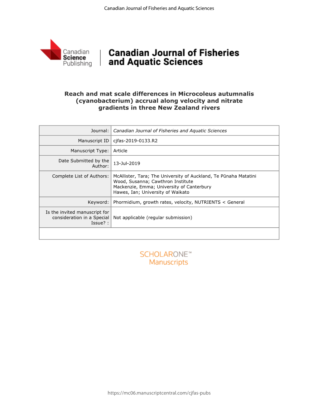 Cyanobacterium) Accrual Along Velocity and Nitrate Gradients in Three New Zealand Rivers