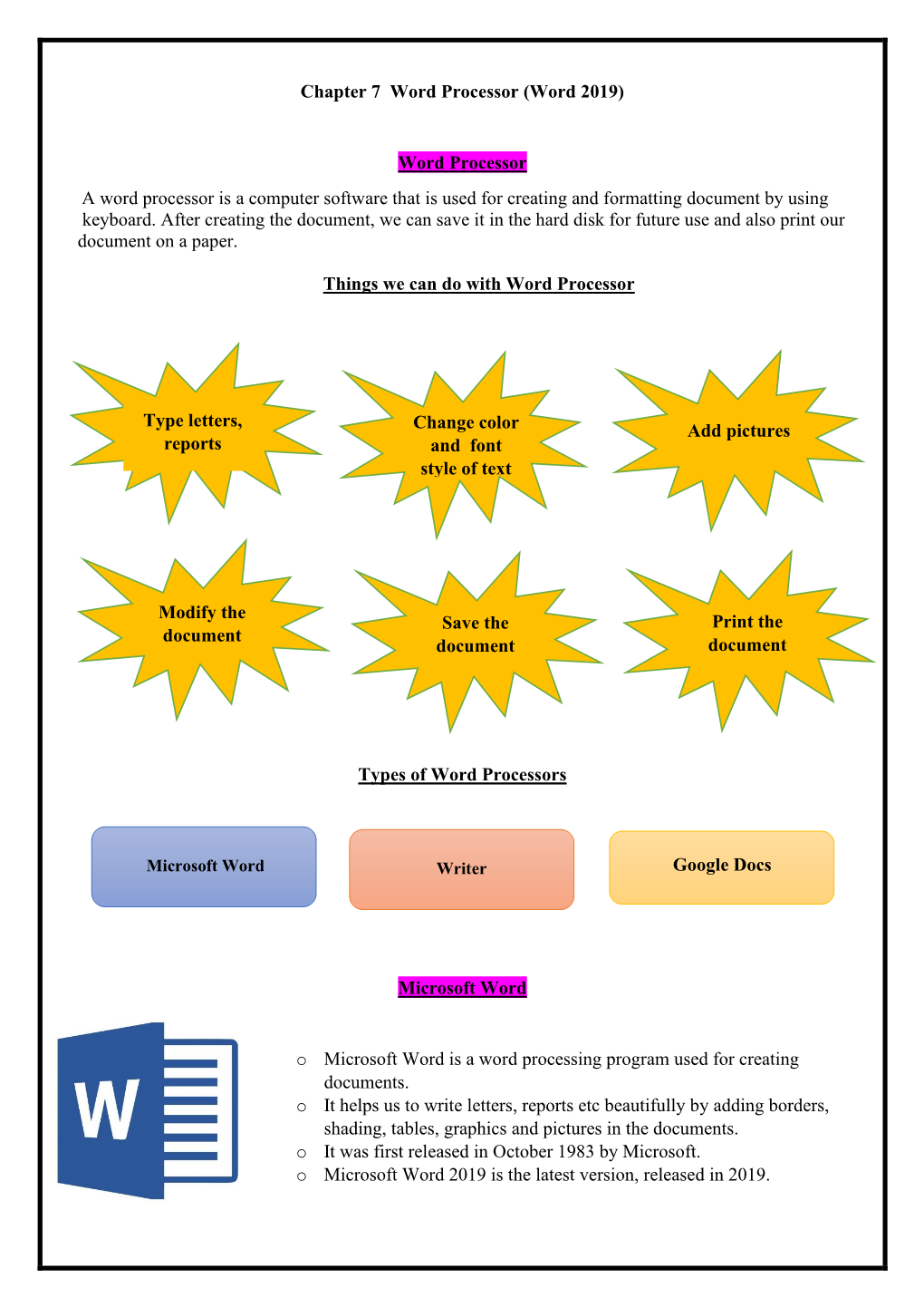 Chapter 7 Word Processor (Word 2019) Word Processor a Word Processor Is a Computer Software That Is Used for Creating and Forma