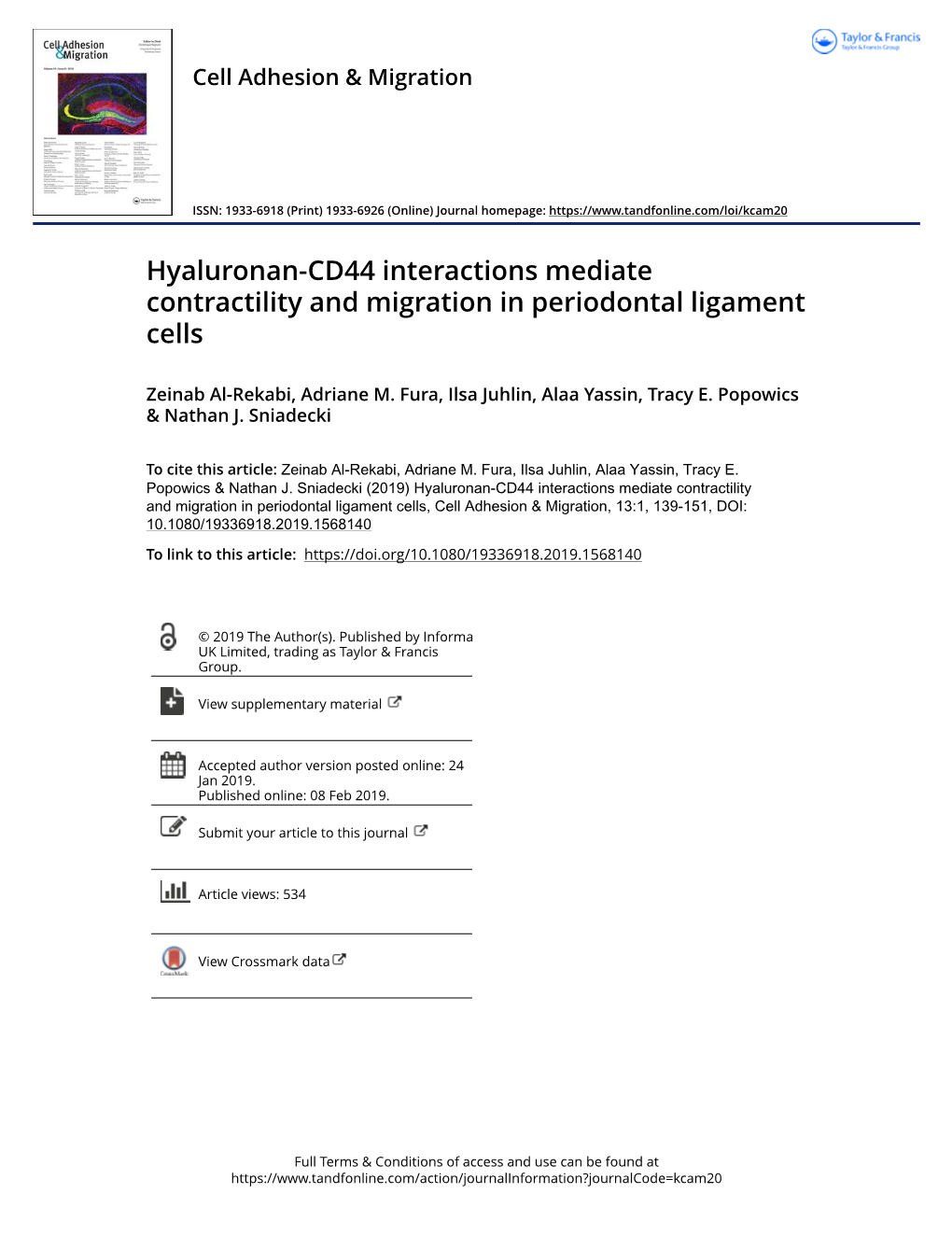 Hyaluronan-CD44 Interactions Mediate Contractility and Migration in Periodontal Ligament Cells