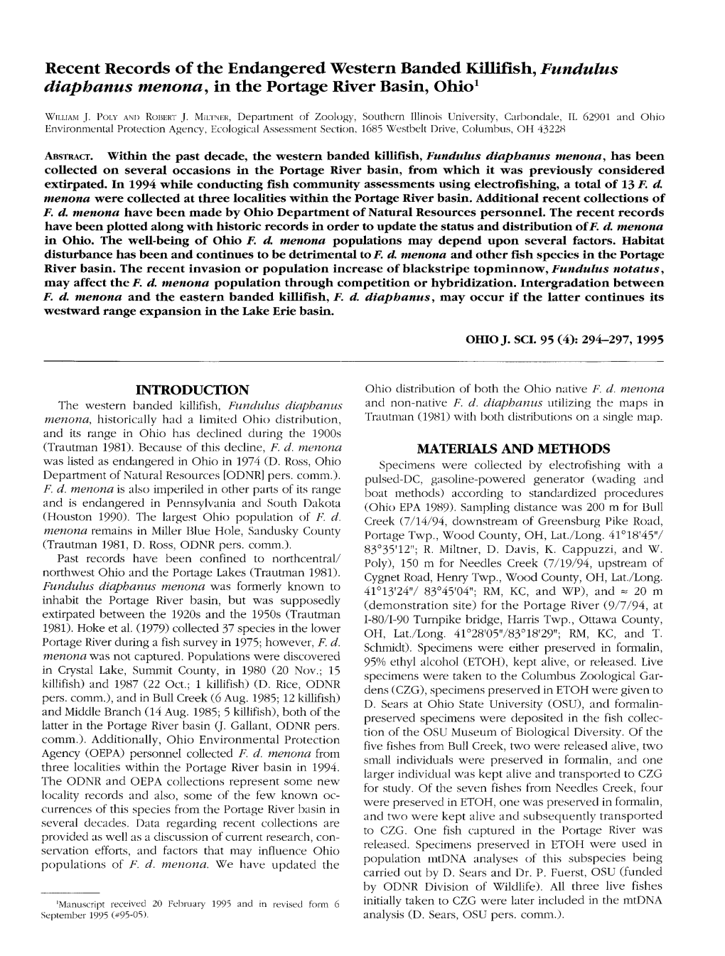 Recent Records of the Endangered Western Banded Killifish, Fundulus Diaphanus Menona, in the Portage River Basin, Ohio1