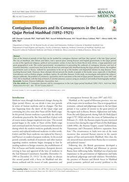 Contagious Diseases and Its Consequences in the Late Qajar Period Mashhad (1892–1921)