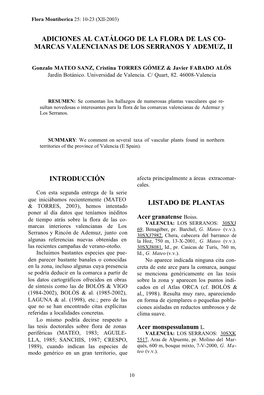 Adiciones Al Catálogo De La Flora De Las Co- Marcas Valencianas De Los Serranos Y Ademuz, Ii