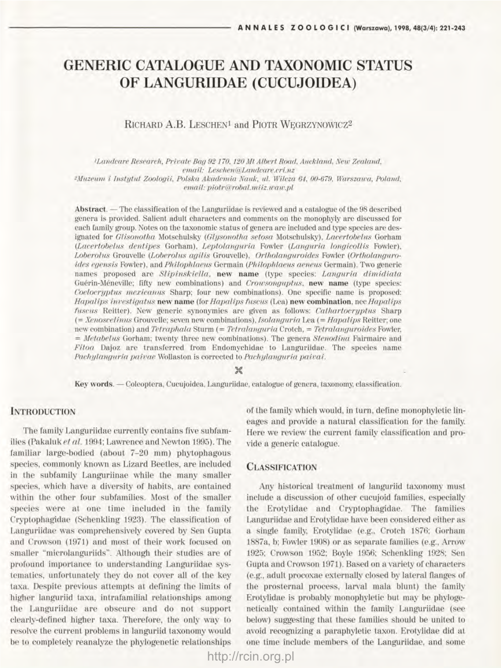 Generic Catalogue and Taxonomic Status of Languriidae (Cucujoidea)