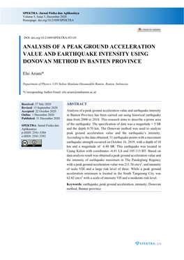 Analysis of a Peak Ground Acceleration Value and Earthquake Intensity Using Donovan Method in Banten Province