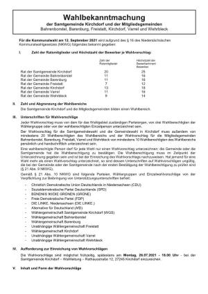 Wahlbekanntmachung Der Samtgemeinde Kirchdorf Und Der Mitgliedsgemeinden Bahrenborstel, Barenburg, Freistatt, Kirchdorf, Varrel Und Wehrbleck