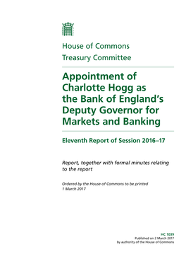 Appointment of Charlotte Hogg As the Bank of England's Deputy Governor