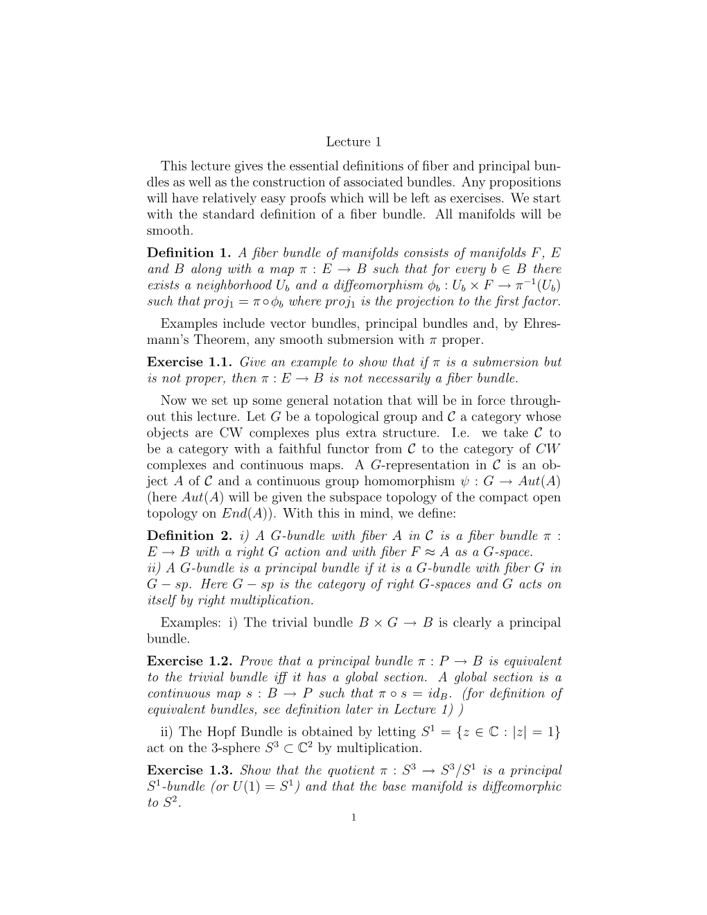 Lecture 1 This Lecture Gives the Essential Definitions of Fiber And