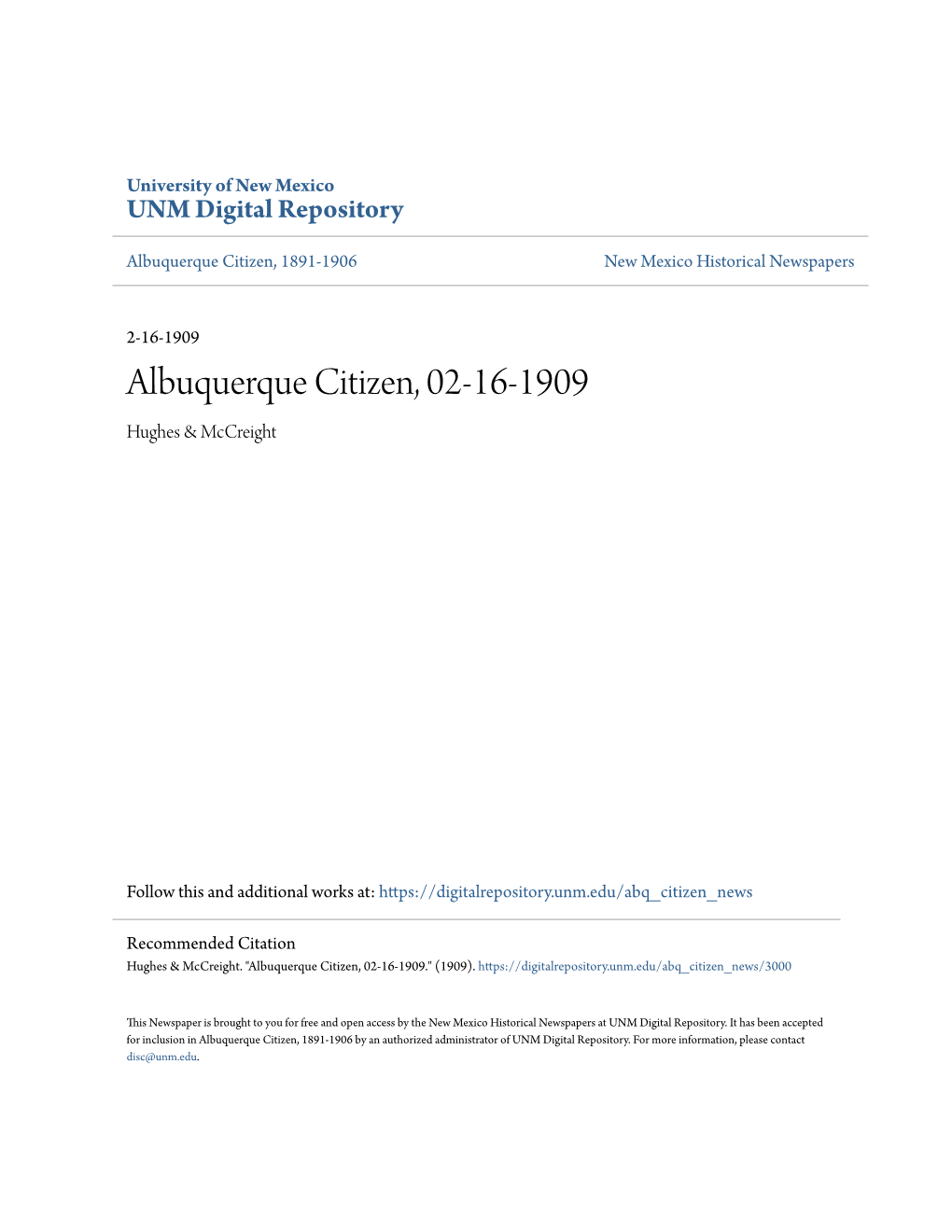 Albuquerque Citizen, 02-16-1909 Hughes & Mccreight