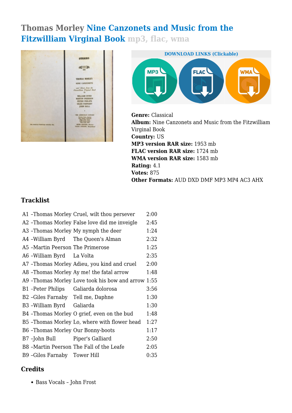 Thomas Morley Nine Canzonets and Music from the Fitzwilliam Virginal Book Mp3, Flac, Wma