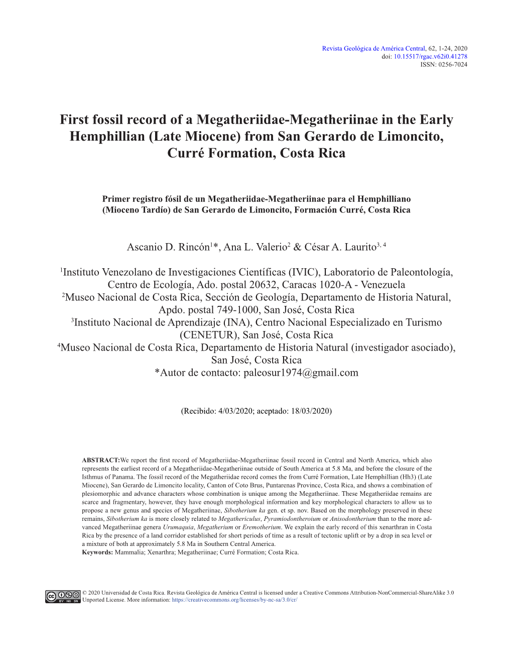 First Fossil Record of a Megatheriidae-Megatheriinae in the Early Hemphillian (Late Miocene) from San Gerardo De Limoncito, Curré Formation, Costa Rica