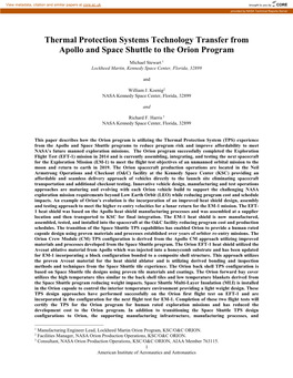 Thermal Protection Systems Technology Transfer from Apollo and Space Shuttle to the Orion Program