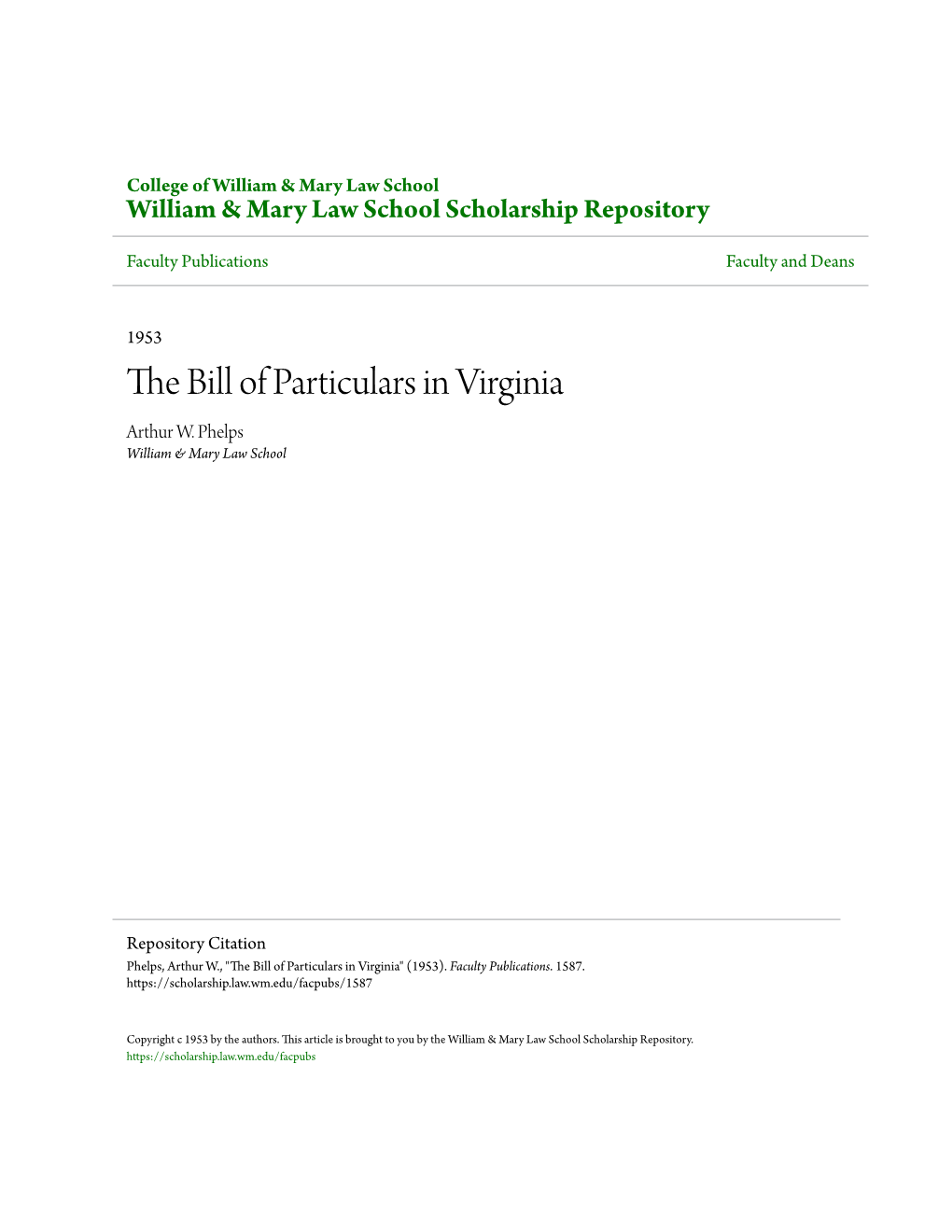 THE BILL of PARTICULARS in VIRGINIA* by ARTHUR WARREN Phelpst