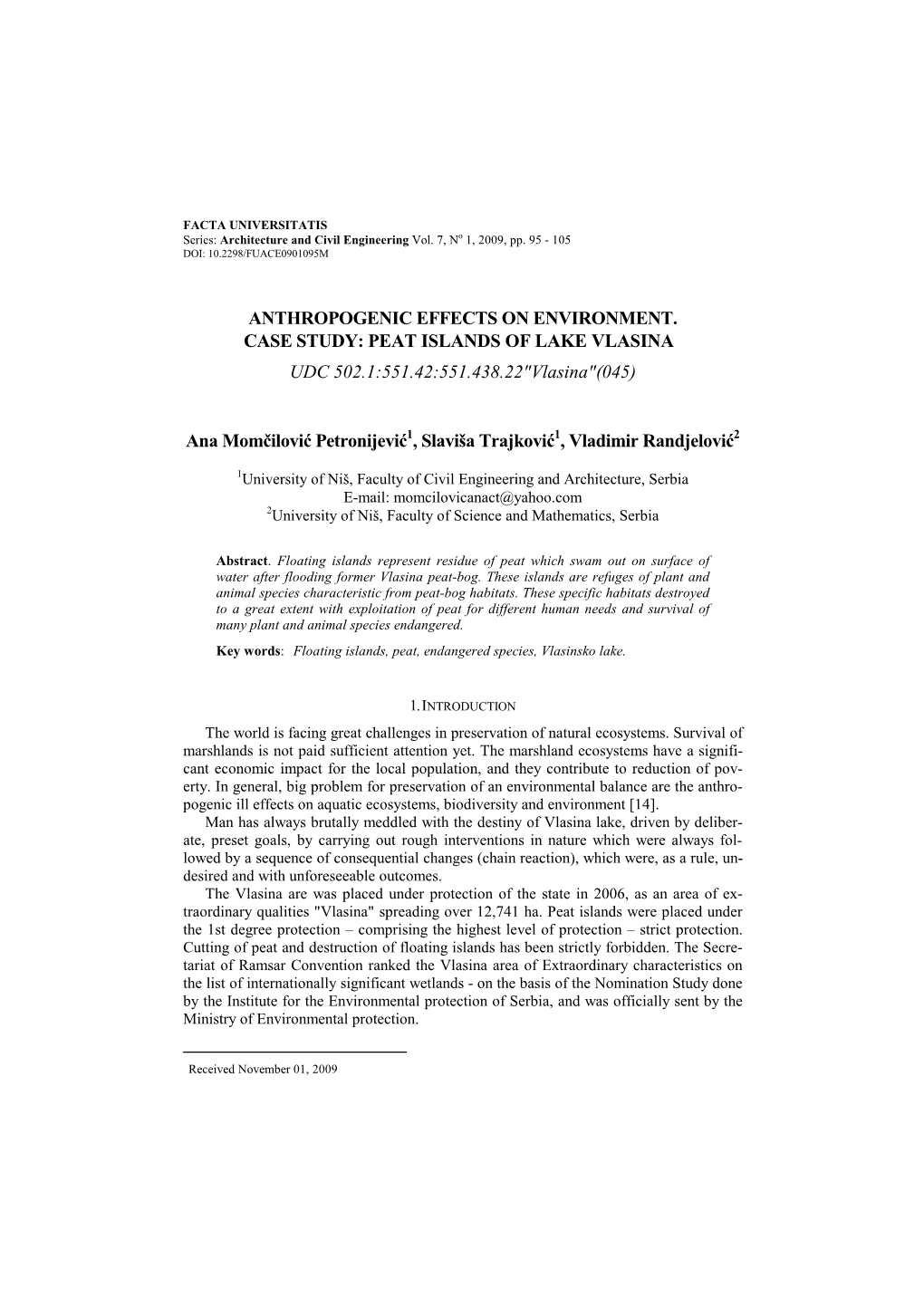 PEAT ISLANDS of LAKE VLASINA UDC 502.1:551.42:551.438.22"Vlasina"(045)