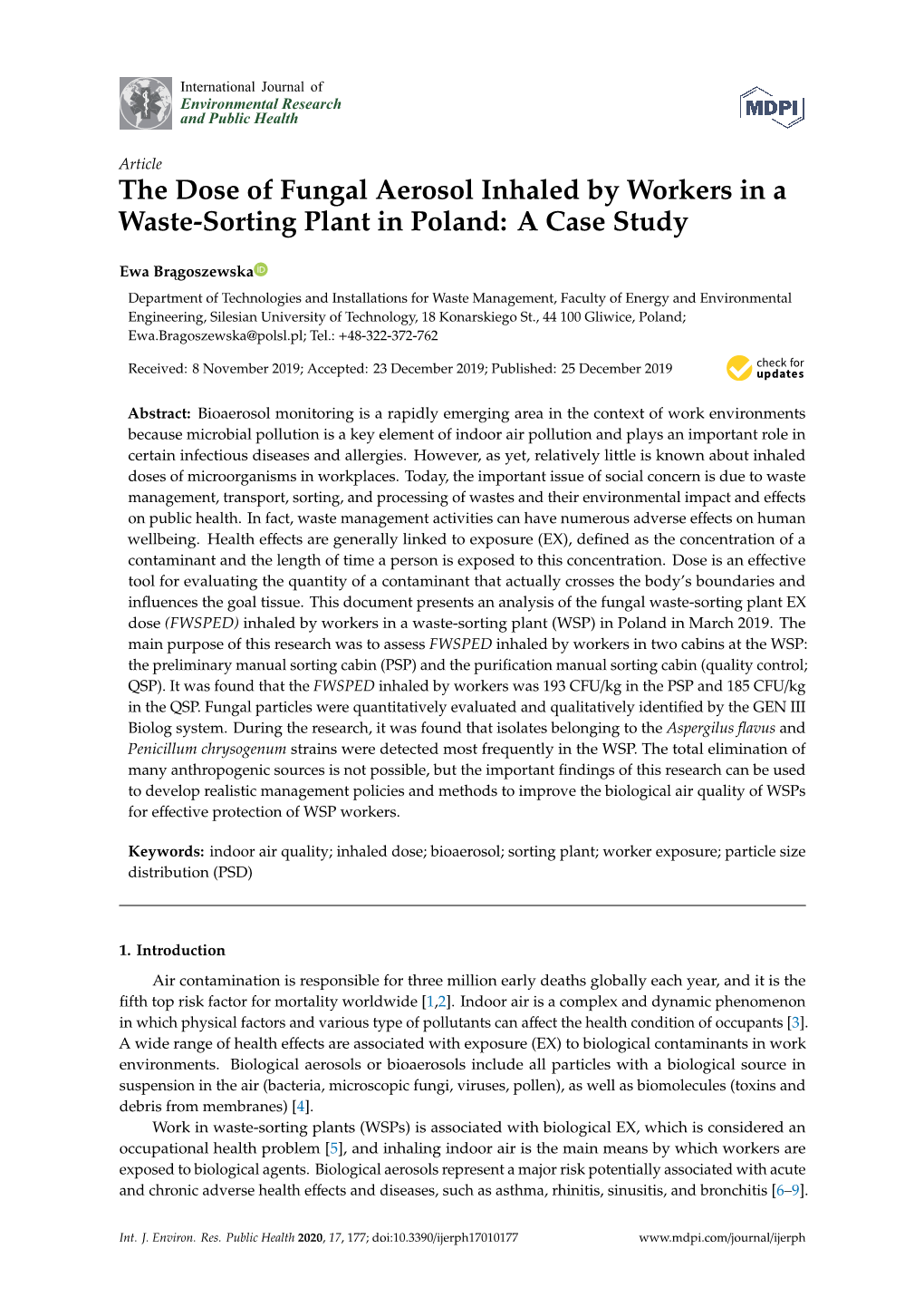 The Dose of Fungal Aerosol Inhaled by Workers in a Waste-Sorting Plant in Poland: a Case Study