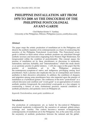 Philippine Installation Art from 1970 to 2008 As the Discourse of the Philippine Postcolonial Avant-Garde
