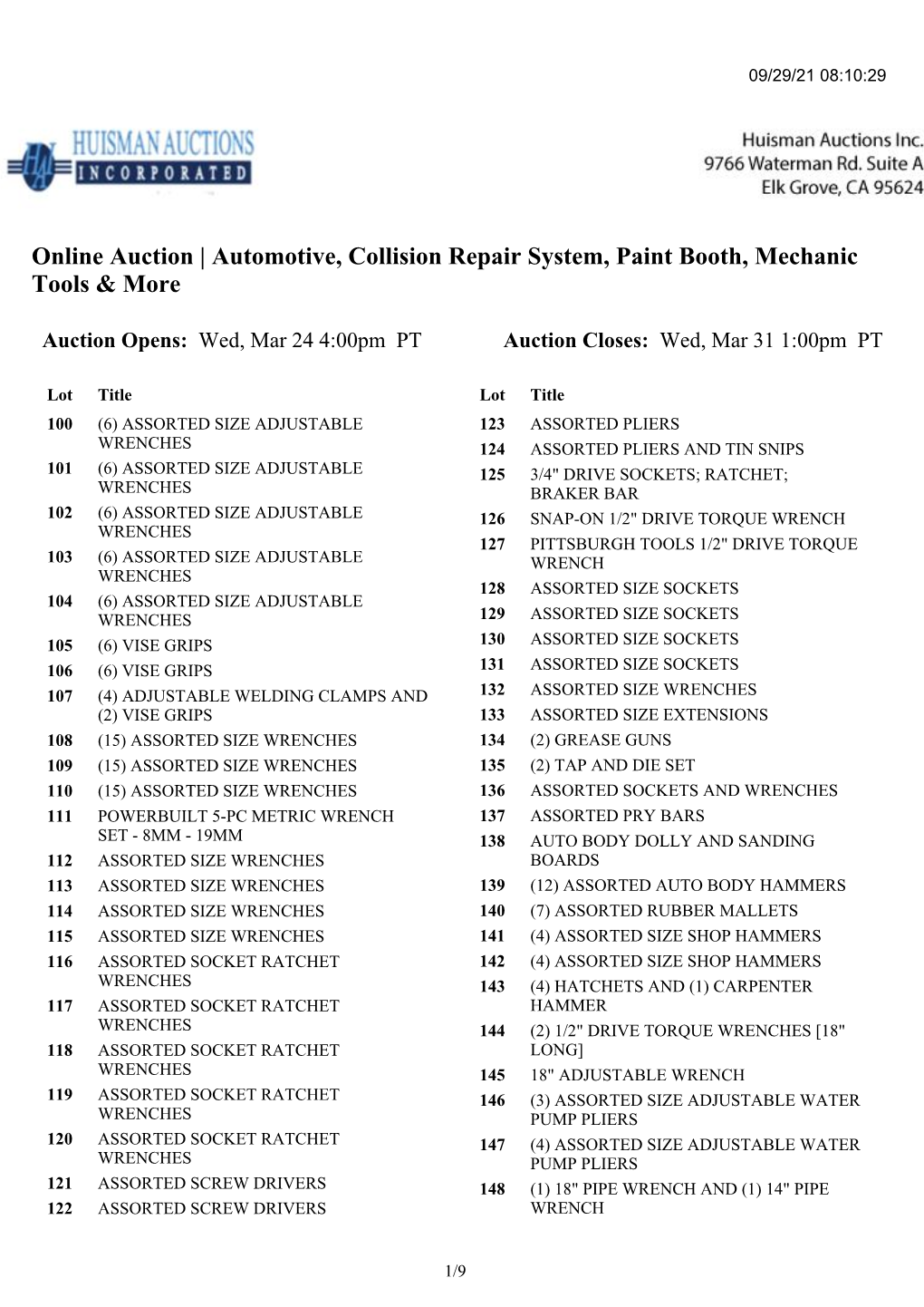 Online Auction | Automotive, Collision Repair System, Paint Booth, Mechanic Tools & More