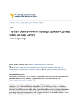 The Use of English Determiners in Dialogue Journals by Japanese Second Language Learners