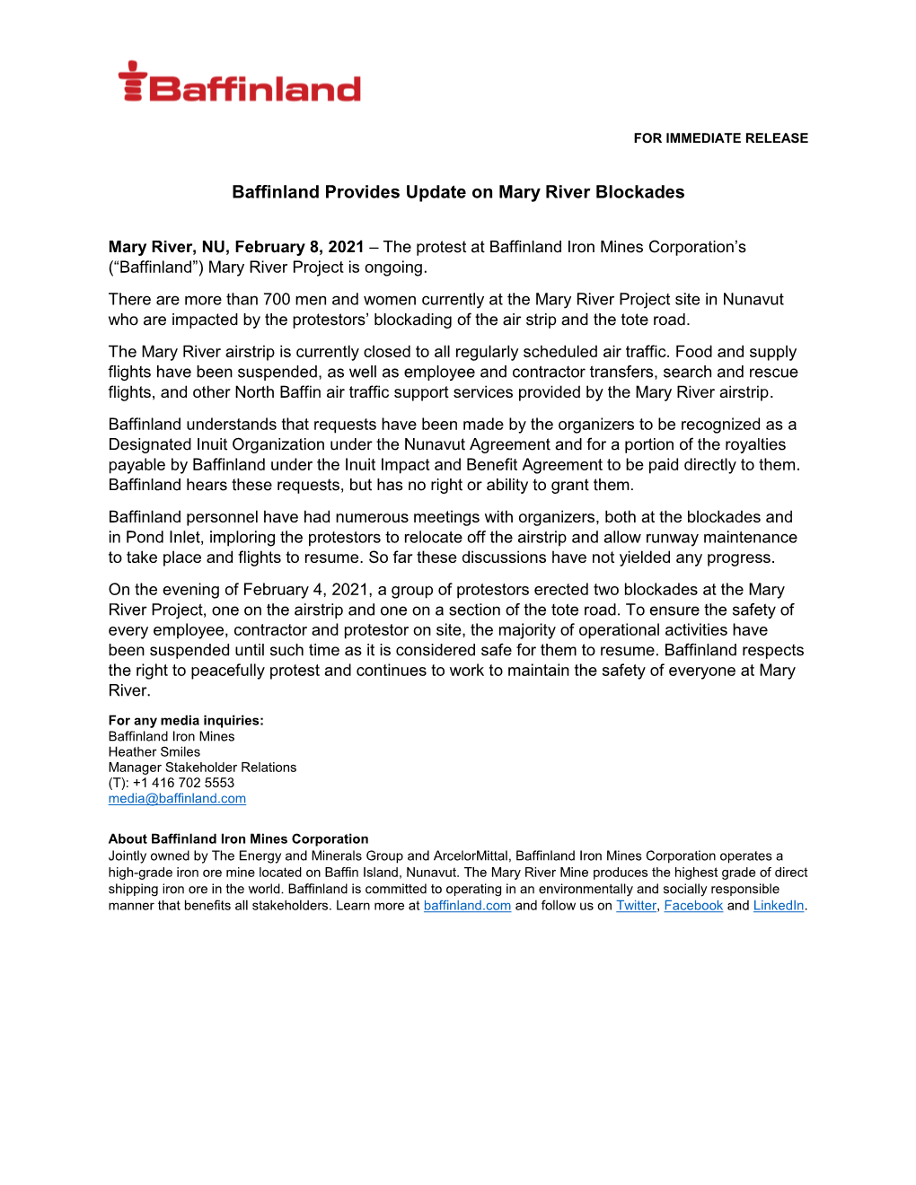 Baffinland Provides Update on Mary River Blockades