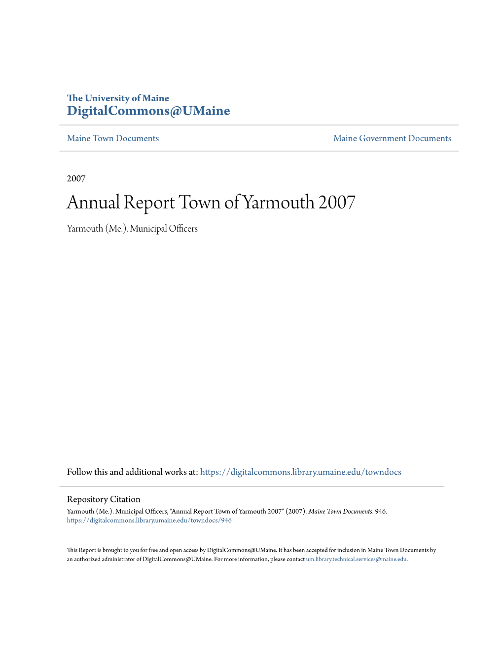 Annual Report Town of Yarmouth 2007 Yarmouth (Me.)