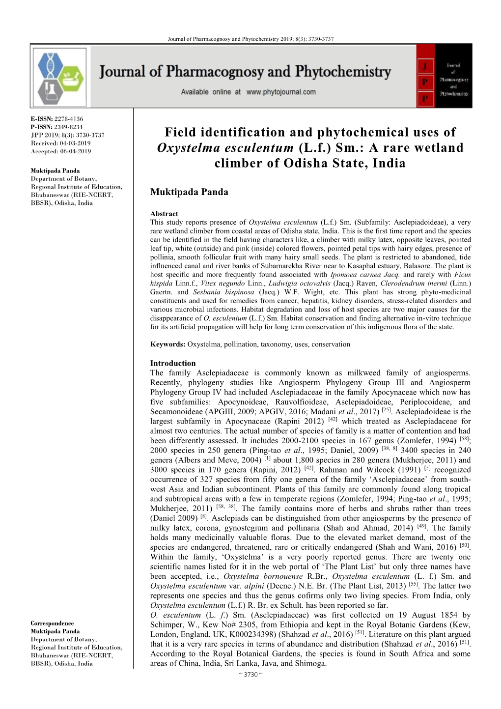 Field Identification and Phytochemical Uses of Oxystelma Esculentum (L.F
