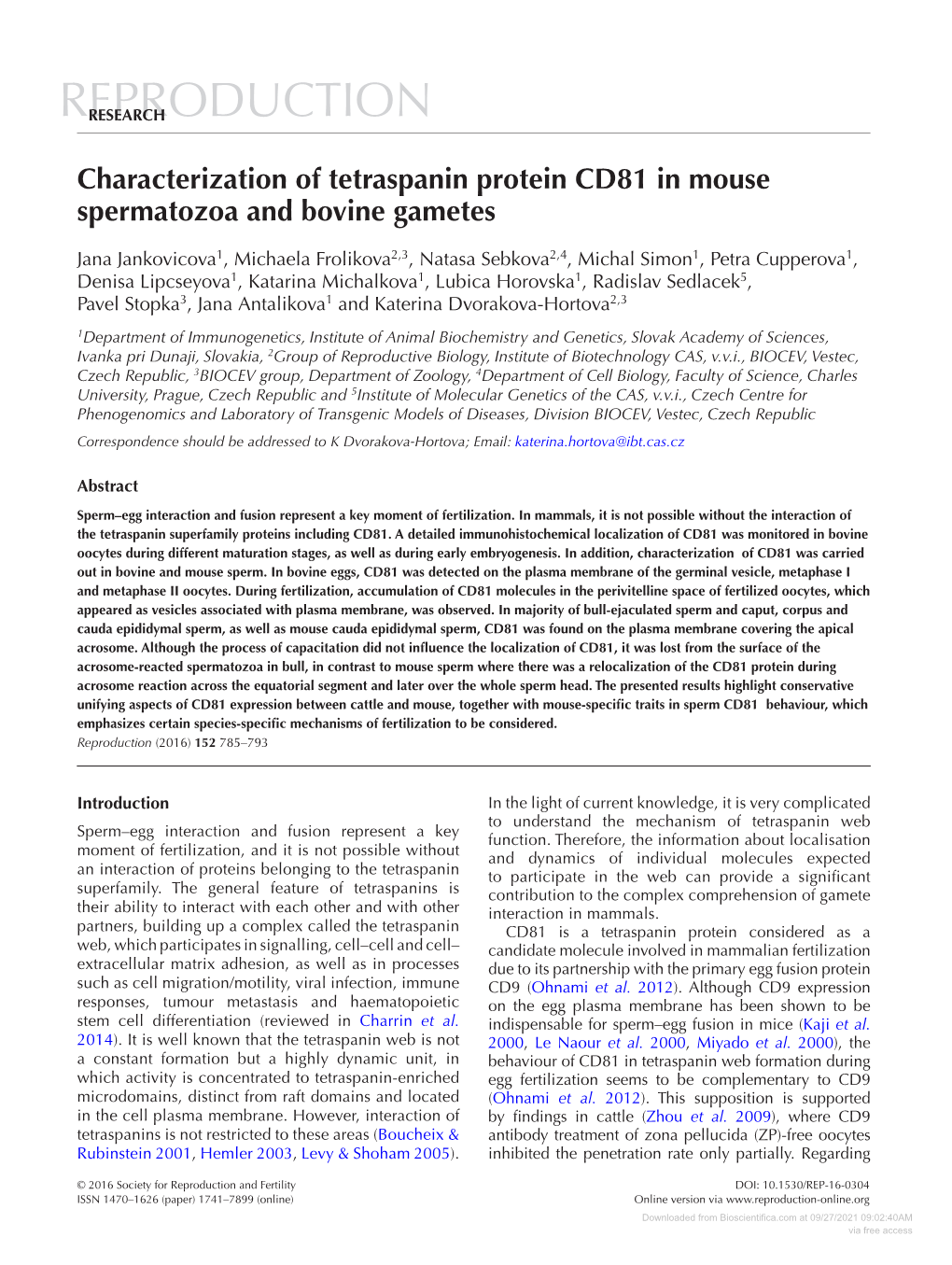 Characterization of Tetraspanin Protein CD81 in Mouse Spermatozoa and Bovine Gametes