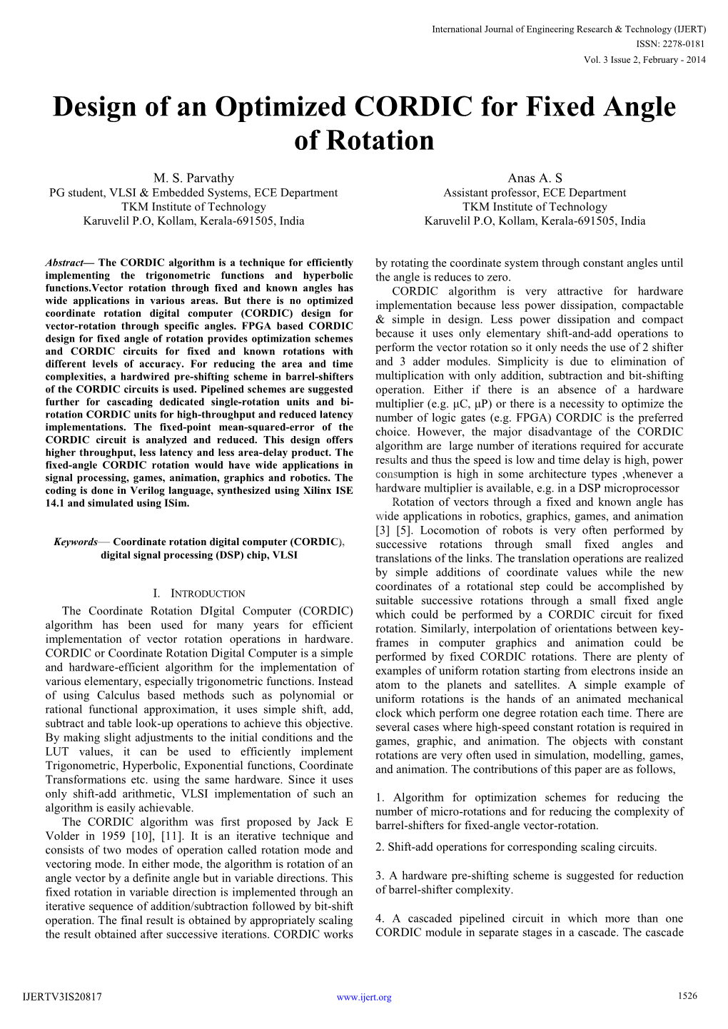 Design of an Optimized CORDIC for Fixed Angle of Rotation